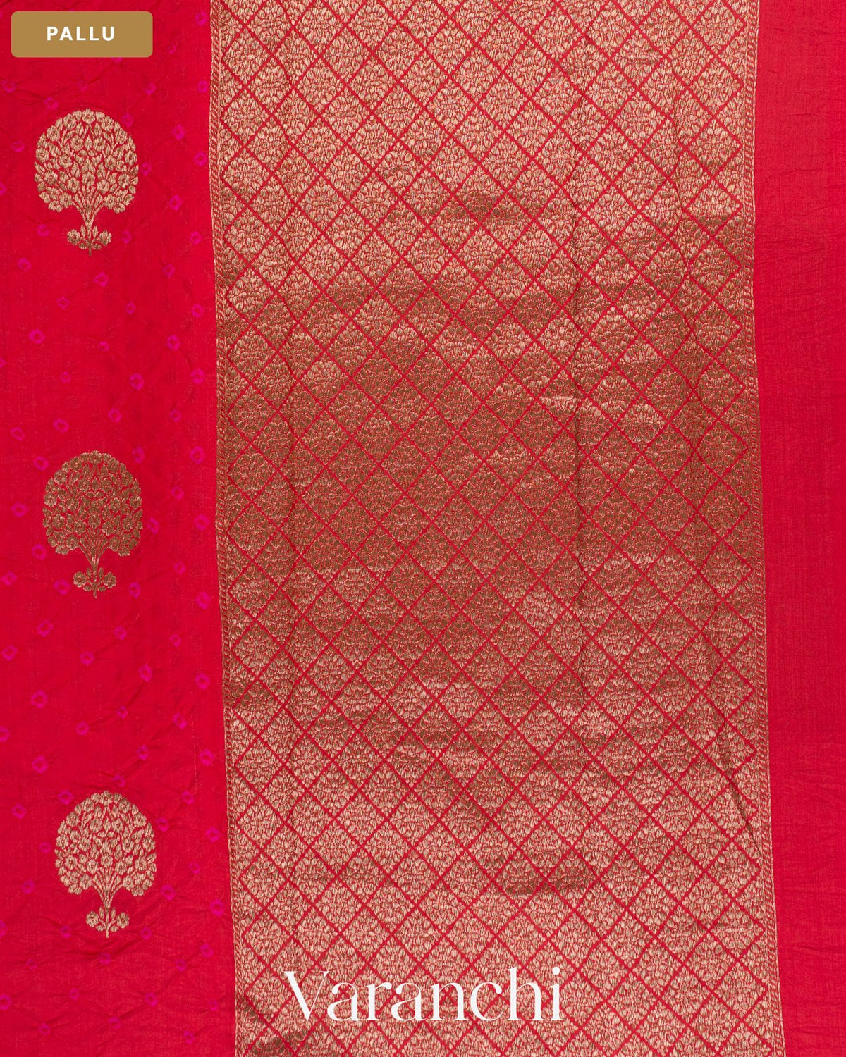 Tomato Red Bandhani Pure Chiniya Silk Saree — Pallu
