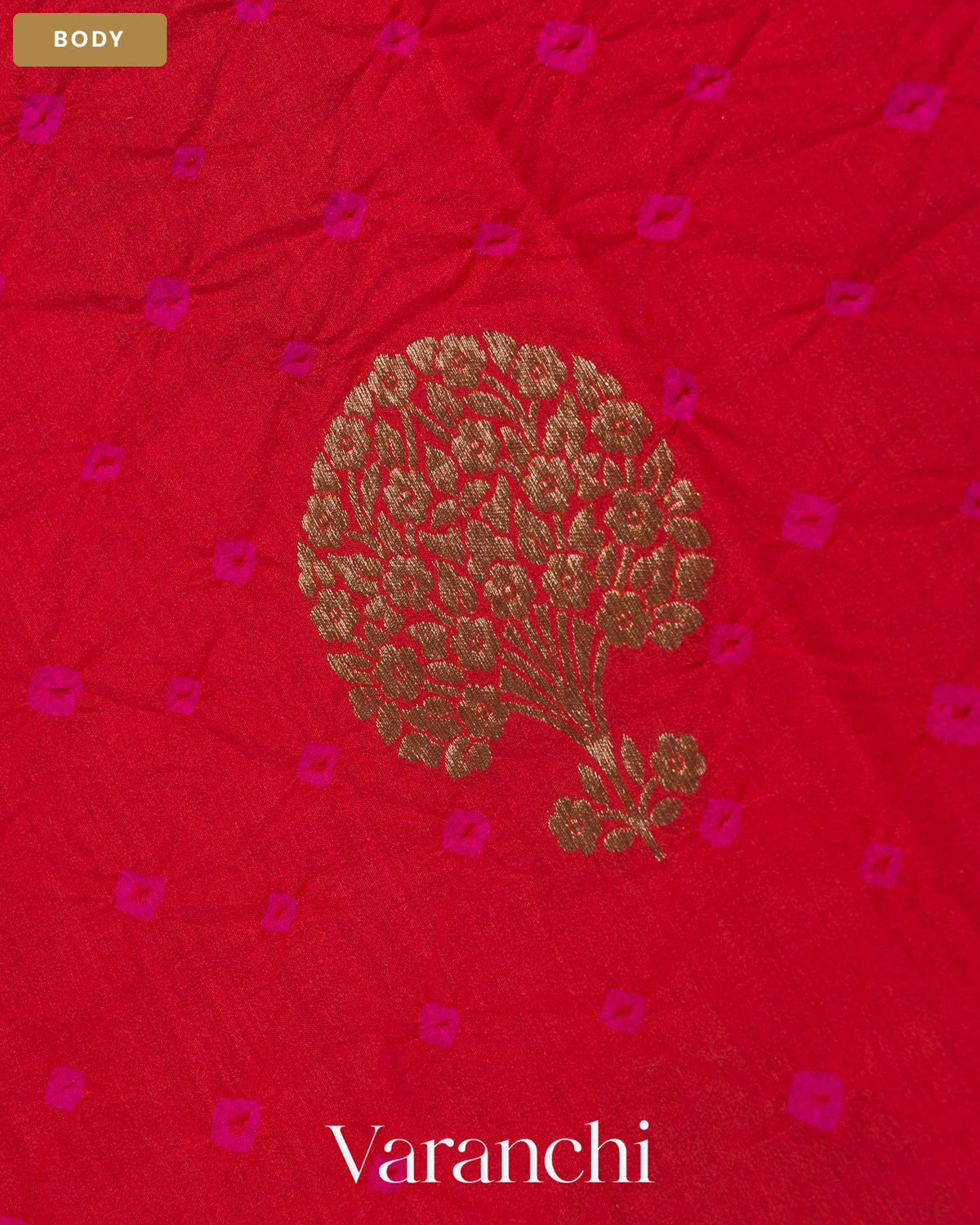Tomato Red Bandhani Pure Chiniya Silk Saree — Body