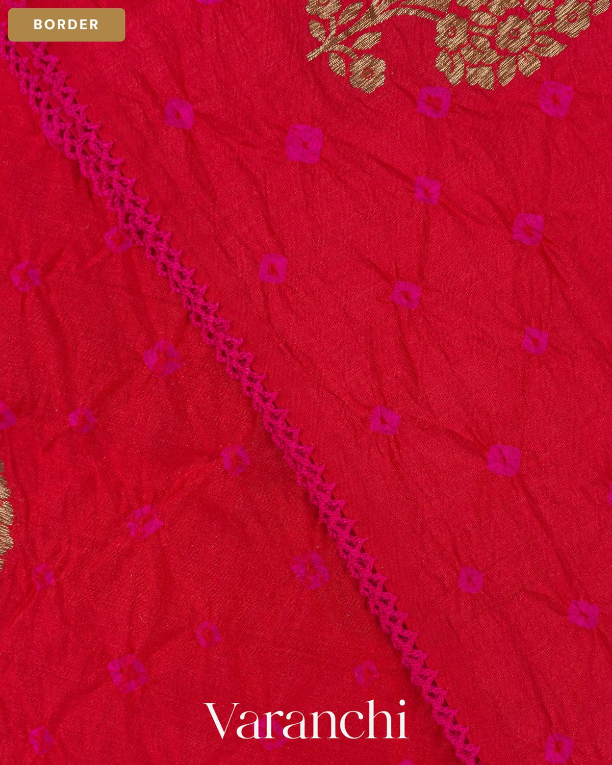 Tomato Red Bandhani Pure Chiniya Silk Saree — Border