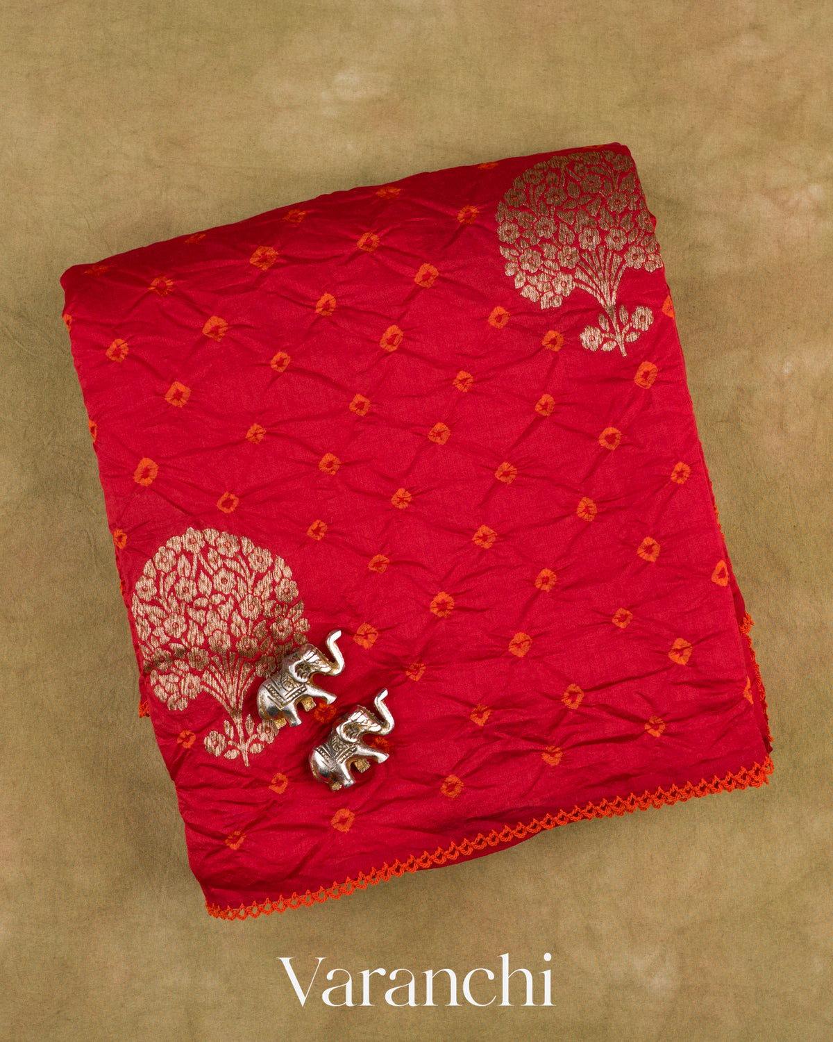 Tulip Red Bandhani Pure Chiniya Silk Saree — Folded