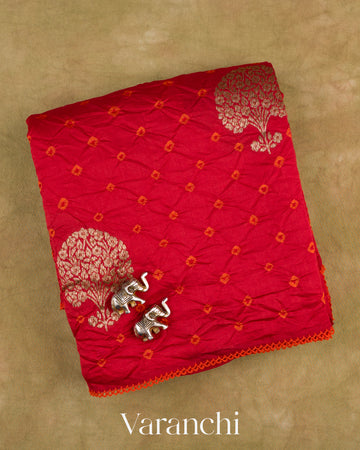 Tulip Red Bandhani Pure Chiniya Silk Saree — Folded