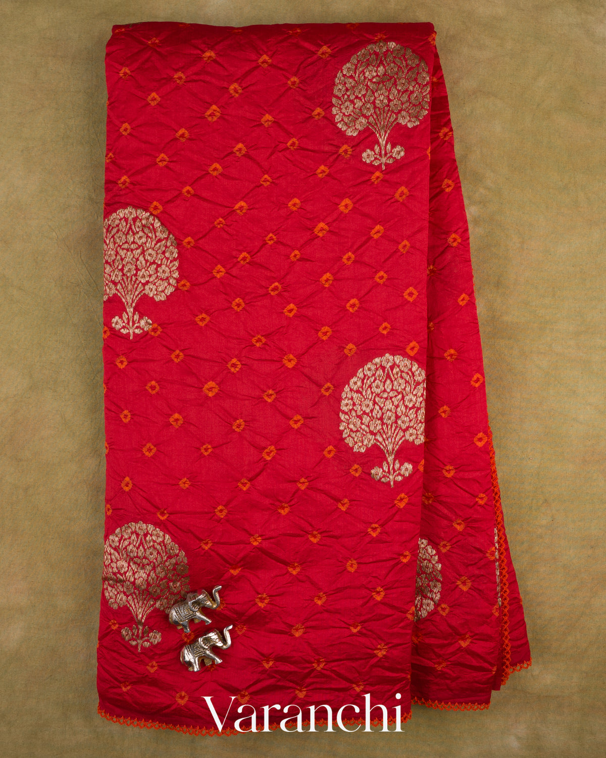 Tulip Red Bandhani Pure Chiniya Silk Saree — Full Saree