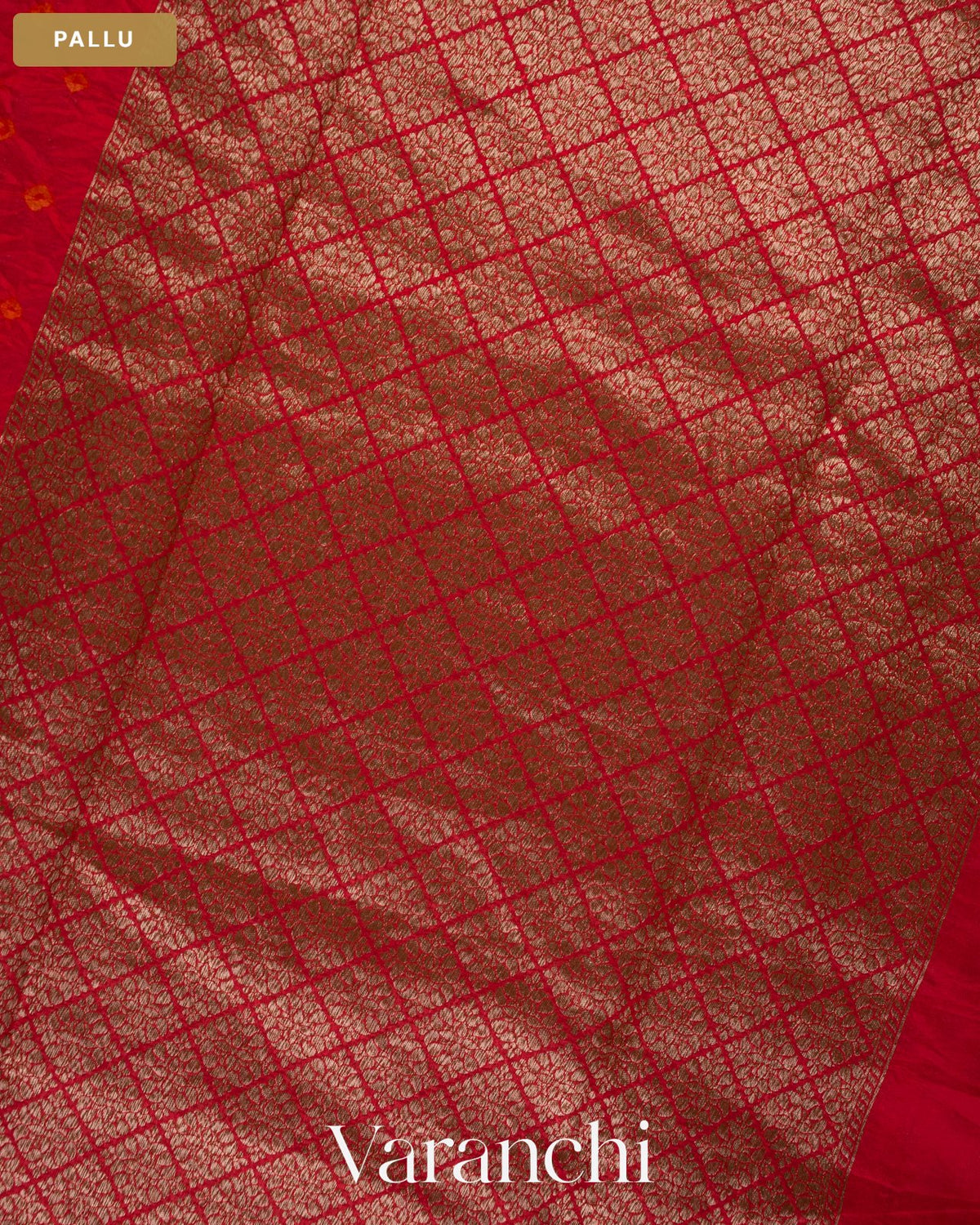 Tulip Red Bandhani Pure Chiniya Silk Saree — Pallu