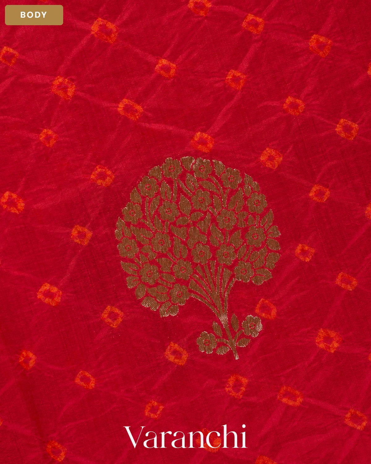 Tulip Red Bandhani Pure Chiniya Silk Saree — Body