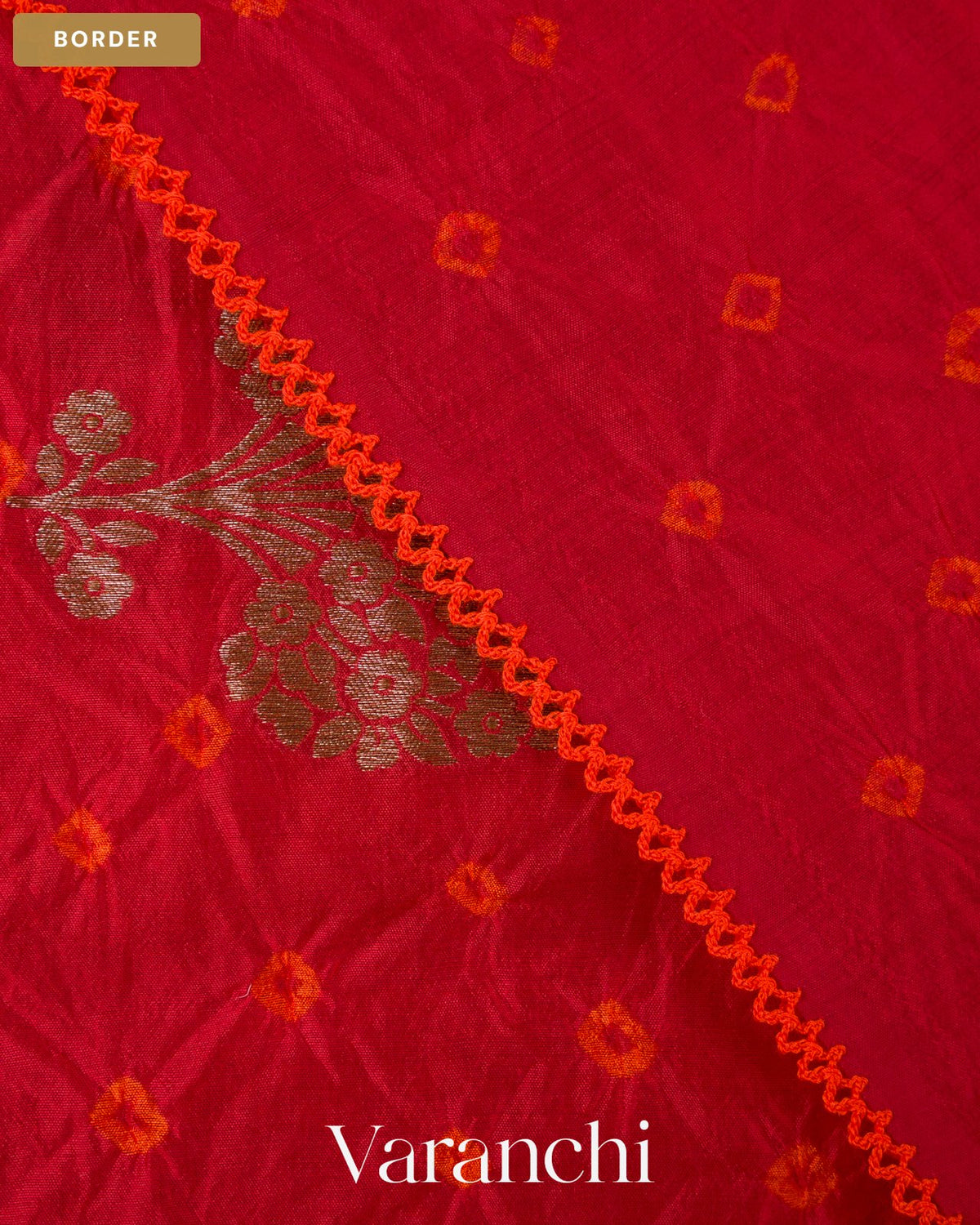 Tulip Red Bandhani Pure Chiniya Silk Saree — Border