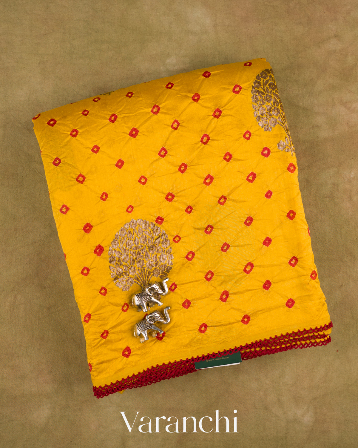 Bright Yellow Bandhani Pure Chiniya Silk Saree — Folded