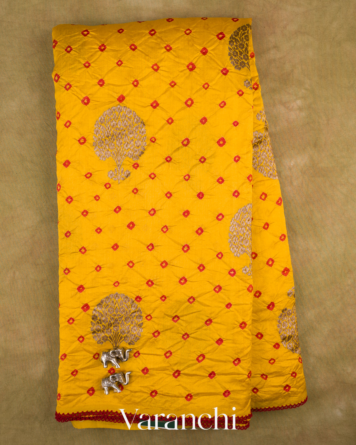 Bright Yellow Bandhani Pure Chiniya Silk Saree — Full Saree