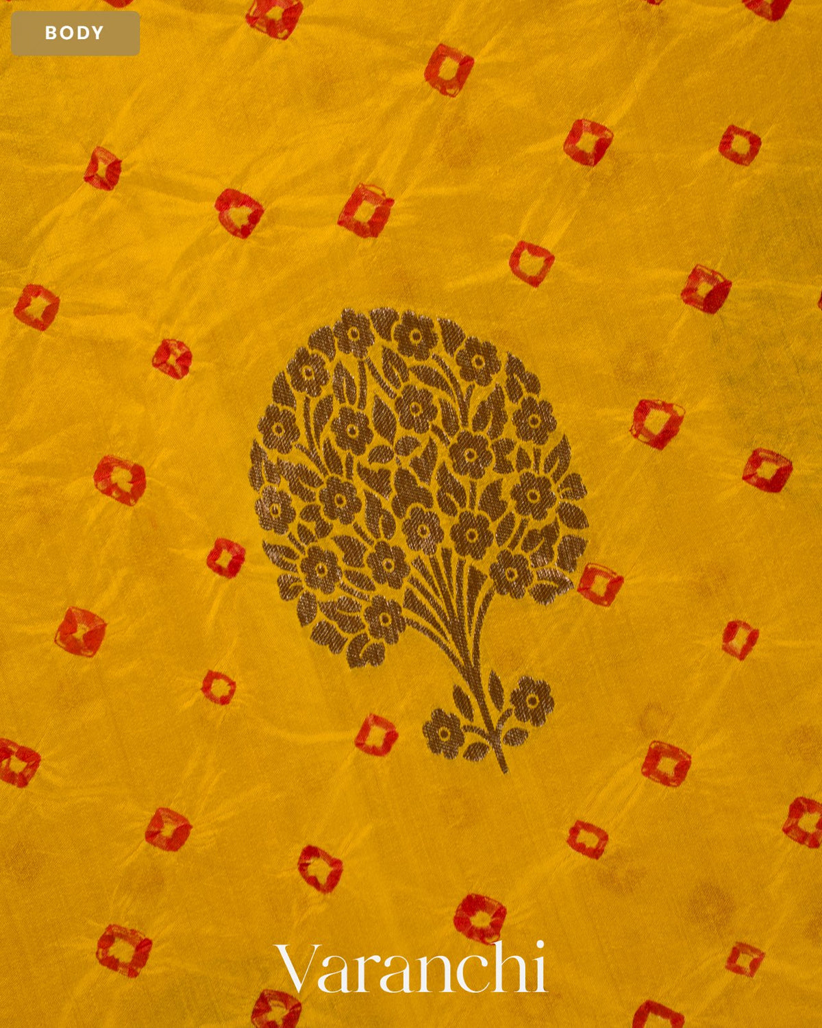 Bright Yellow Bandhani Pure Chiniya Silk Saree — Body