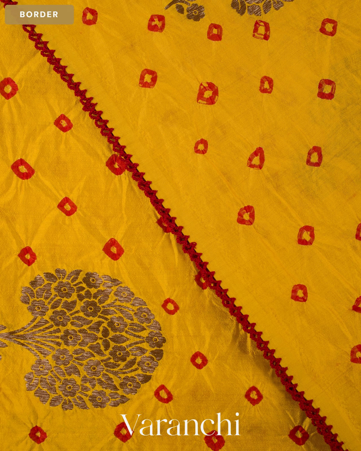 Bright Yellow Bandhani Pure Chiniya Silk Saree — Border