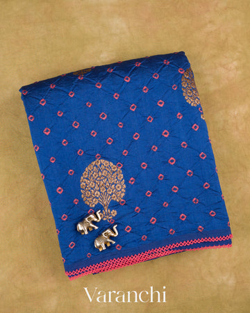 Sapphire Blue Bandhani Pure Chiniya Silk Saree — Folded