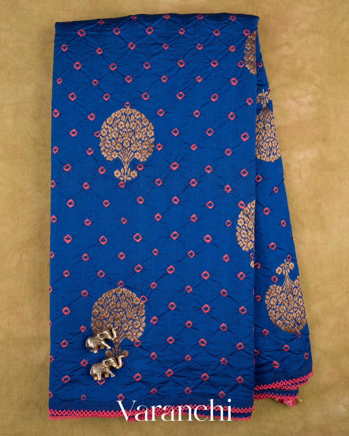 Sapphire Blue Bandhani Pure Chiniya Silk Saree — Full Saree