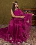 Magenta Purple Scalloped Border Pure Kora Silk Saree — Draped