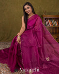 Magenta Purple Scalloped Border Pure Kora Silk Saree — Draped