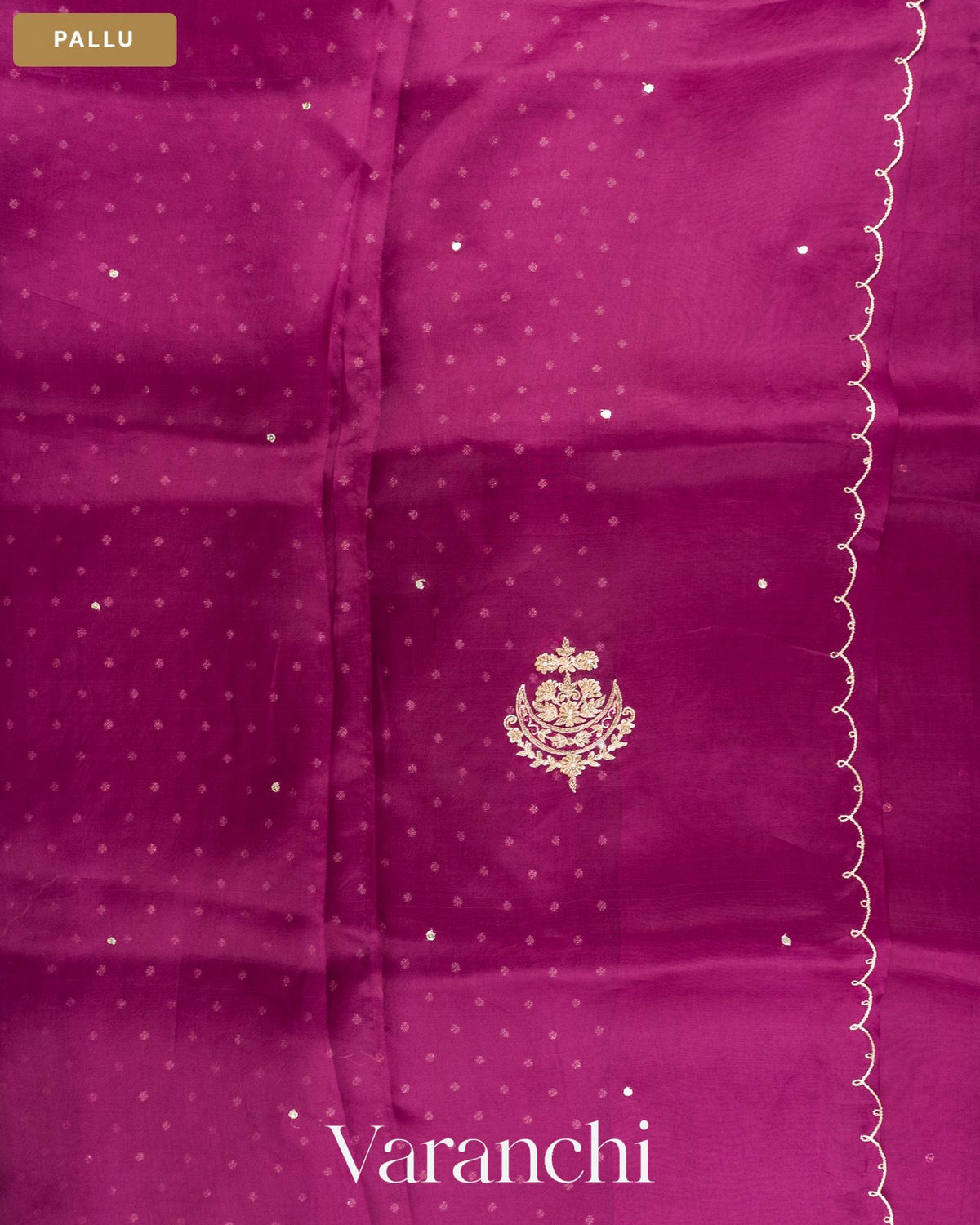 Magenta Purple Scalloped Border Pure Kora Silk Saree — Pallu