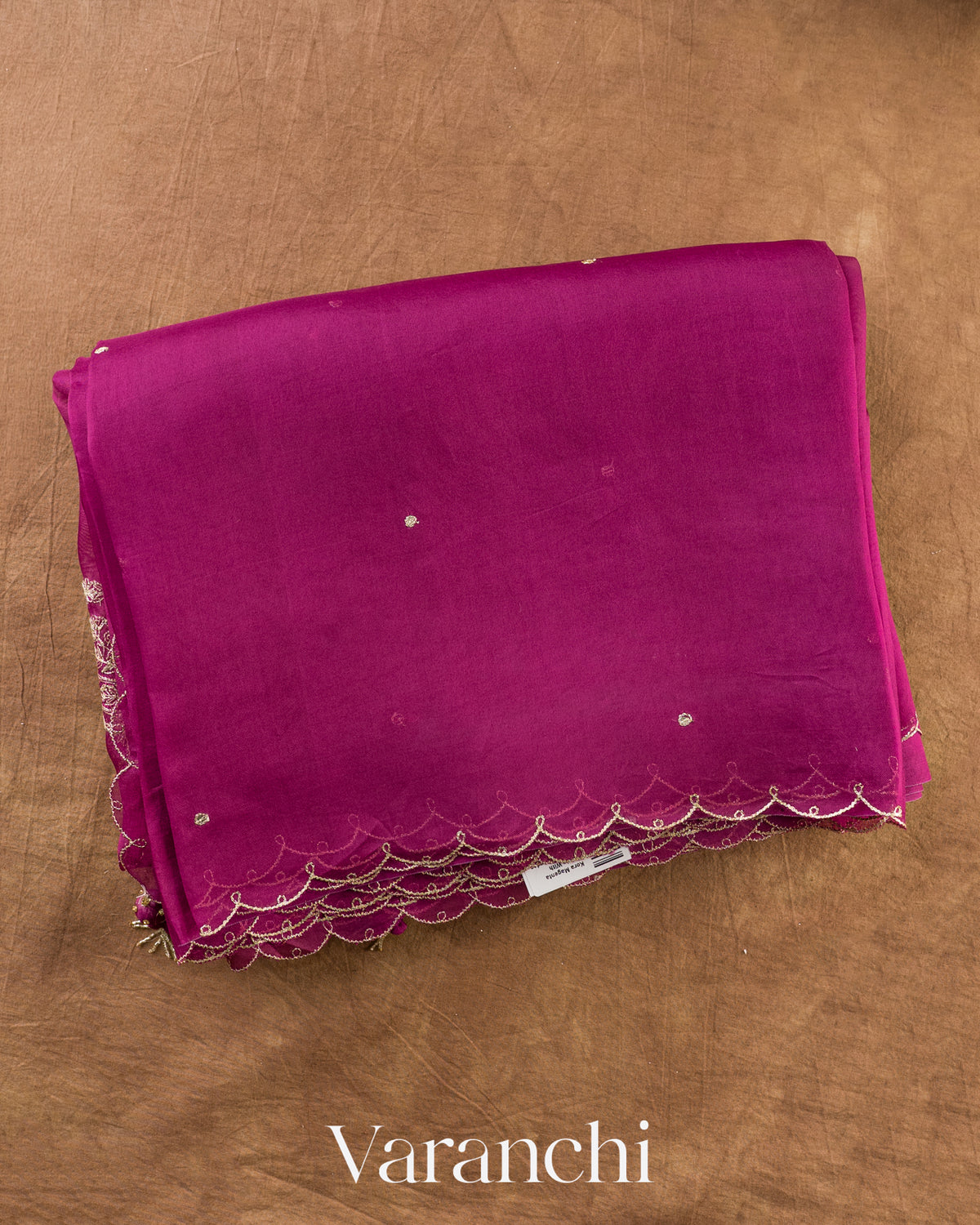 Magenta Purple Scalloped Border Pure Kora Silk Saree — Folded