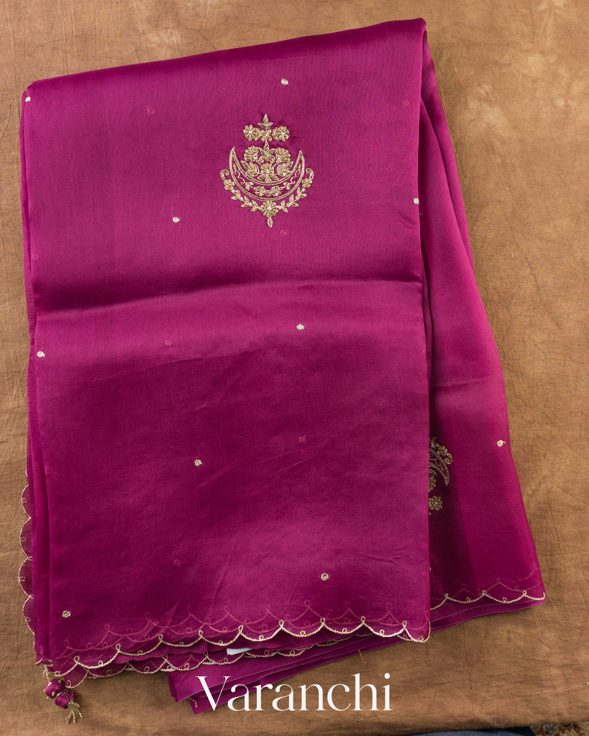 Magenta Purple Scalloped Border Pure Kora Silk Saree — Full Saree