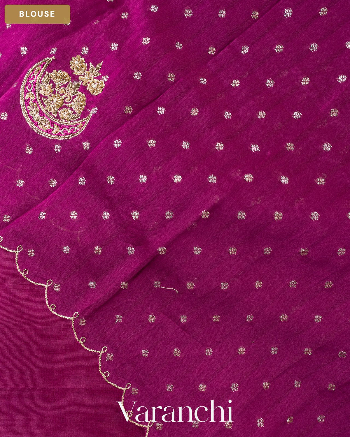 Magenta Purple Scalloped Border Pure Kora Silk Saree — Blouse