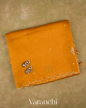 Rust Yellow Scallop Bordered Pure Kora Silk Saree — Folded