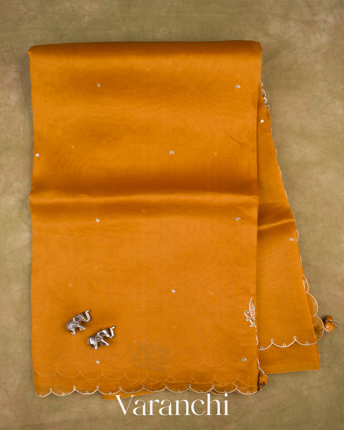 Rust Yellow Scallop Bordered Pure Kora Silk Saree — Full Saree