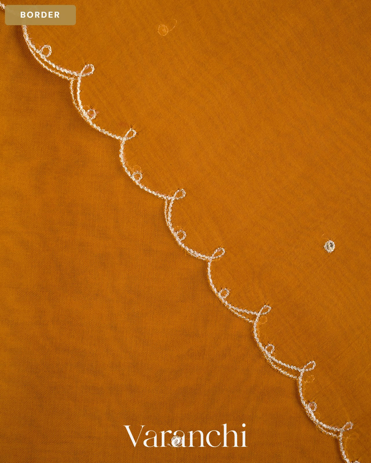 Rust Yellow Scallop Bordered Pure Kora Silk Saree — Border