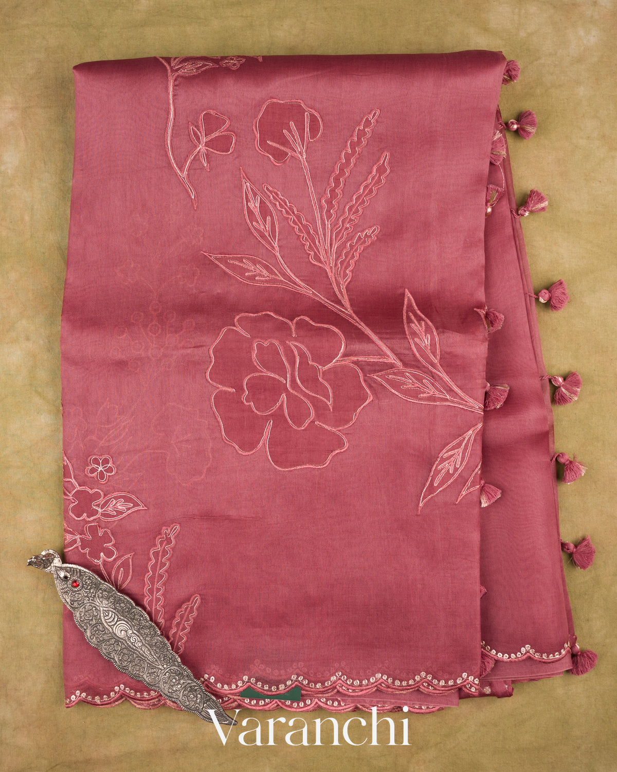 Dusty Rose Floral Applique Pure Kora Silk Saree — Full Saree