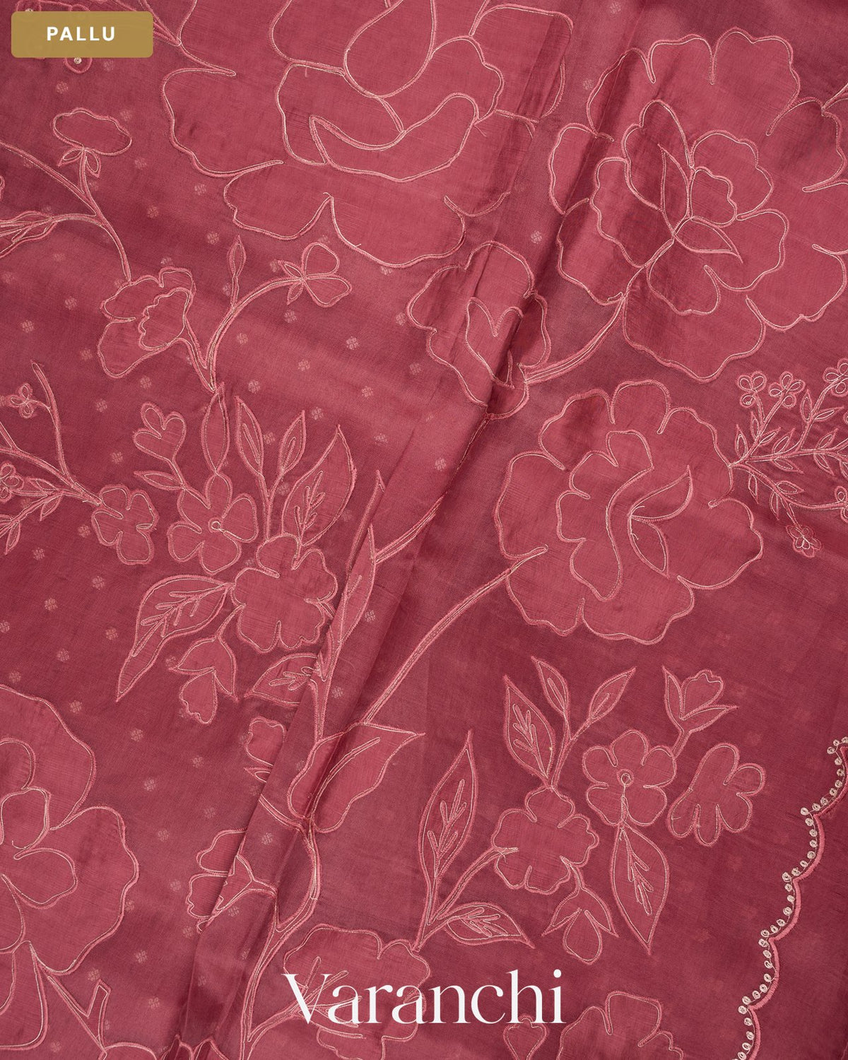 Dusty Rose Floral Applique Pure Kora Silk Saree — Pallu