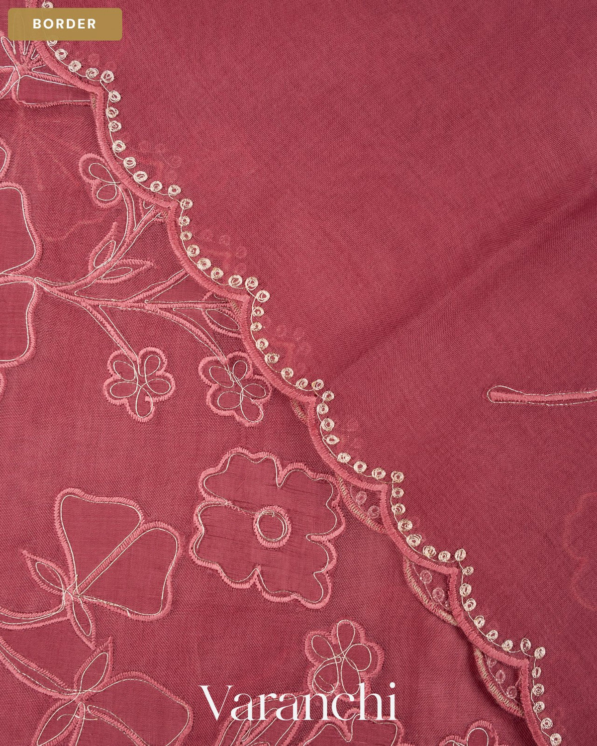 Dusty Rose Floral Applique Pure Kora Silk Saree — Border