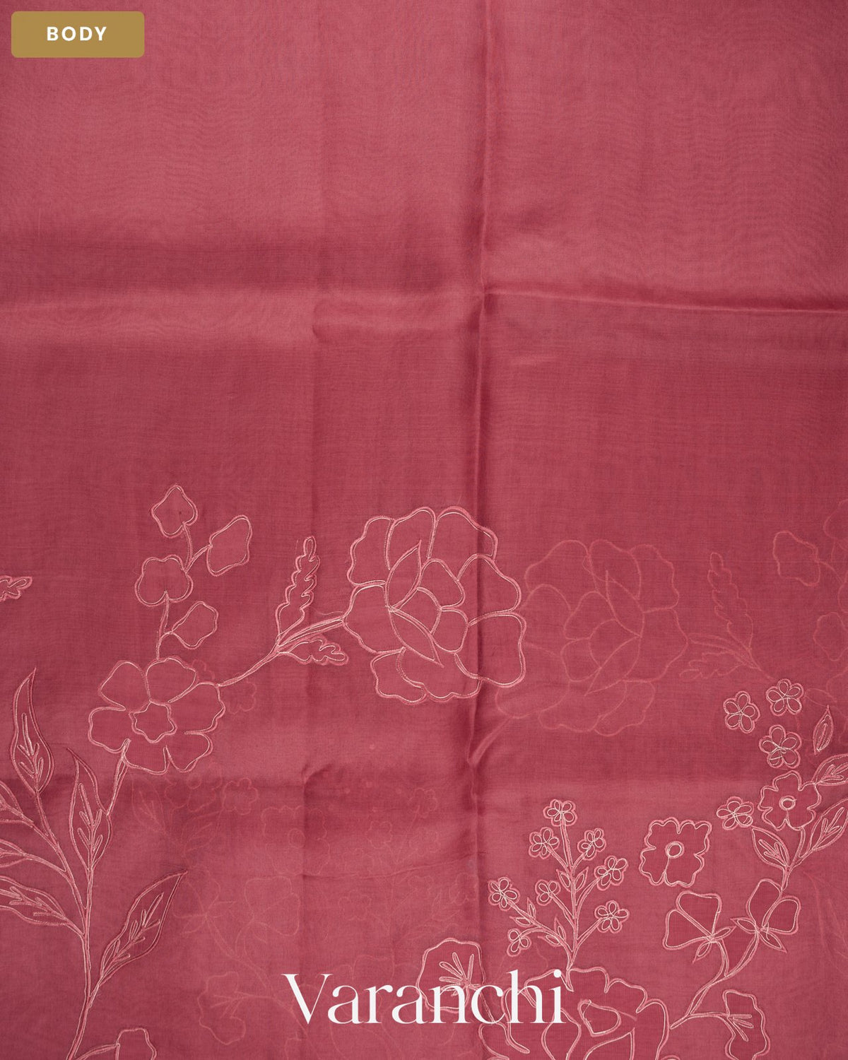 Dusty Rose Floral Applique Pure Kora Silk Saree — Body