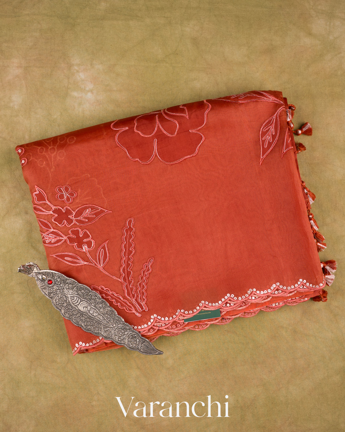 Rust Orange Floral Applique Pure Kora Silk Saree — Folded