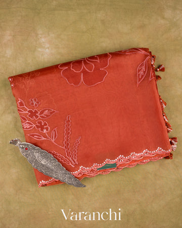 Rust Orange Floral Applique Pure Kora Silk Saree — Folded