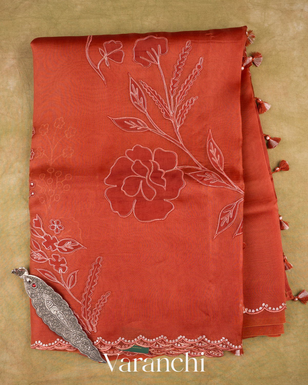Rust Orange Floral Applique Pure Kora Silk Saree — Full Saree