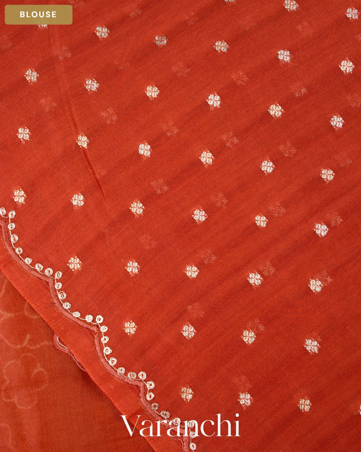 Rust Orange Floral Applique Pure Kora Silk Saree — Blouse