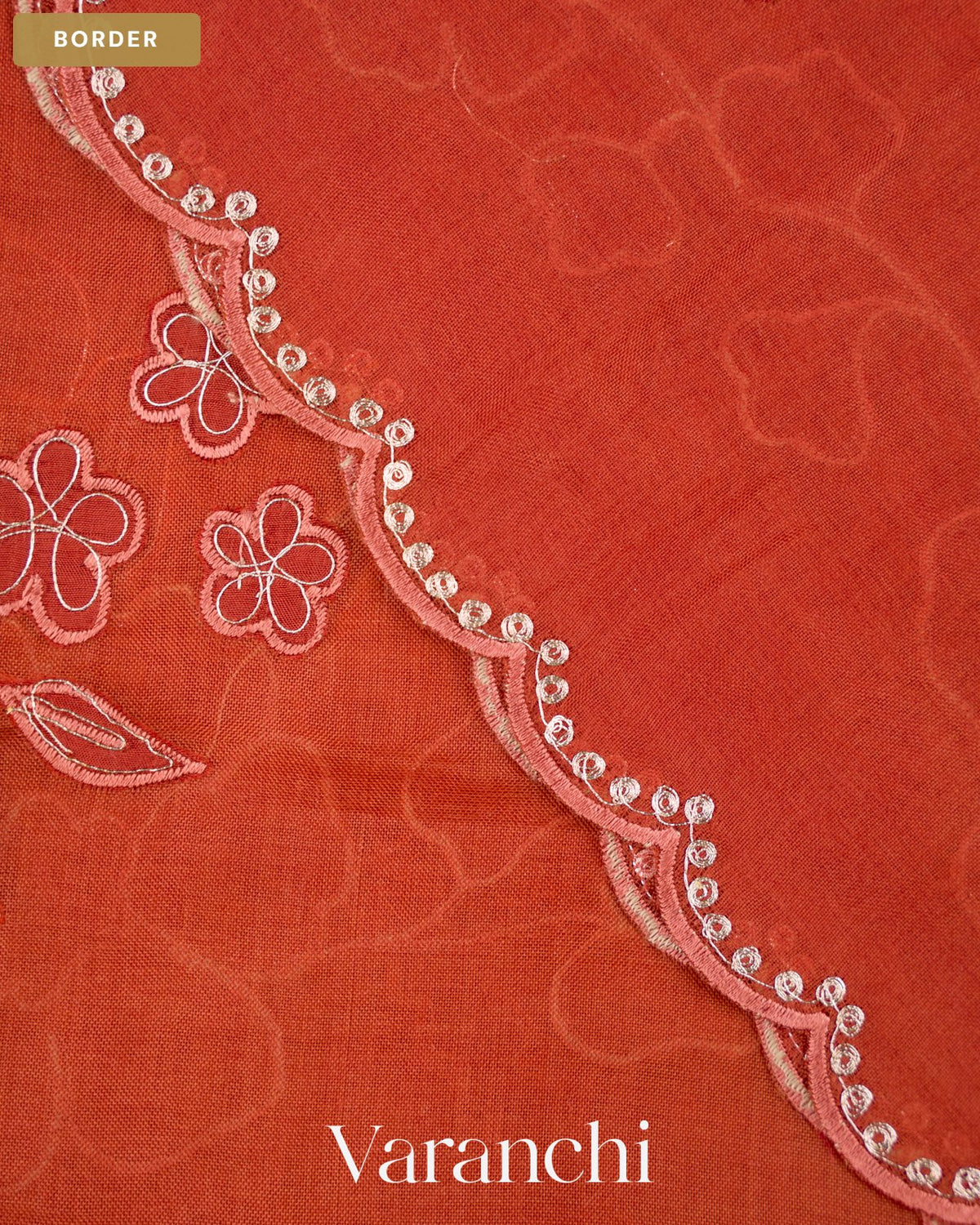 Rust Orange Floral Applique Pure Kora Silk Saree — Border