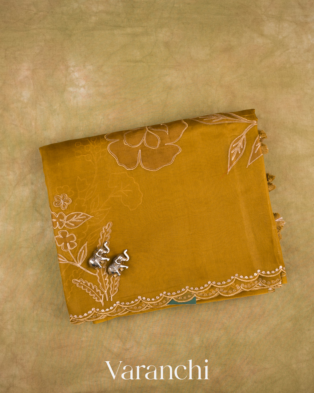 Mehandi Green Floral Applique Pure Kora Silk Saree — Folded