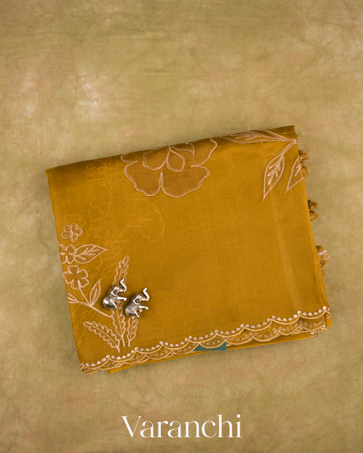 Mehandi Green Floral Applique Pure Kora Silk Saree — Folded