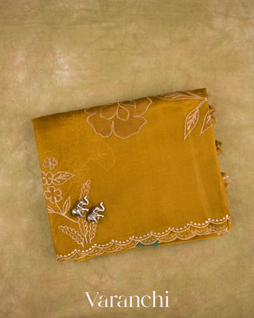 Mehandi Green Floral Applique Pure Kora Silk Saree — Folded