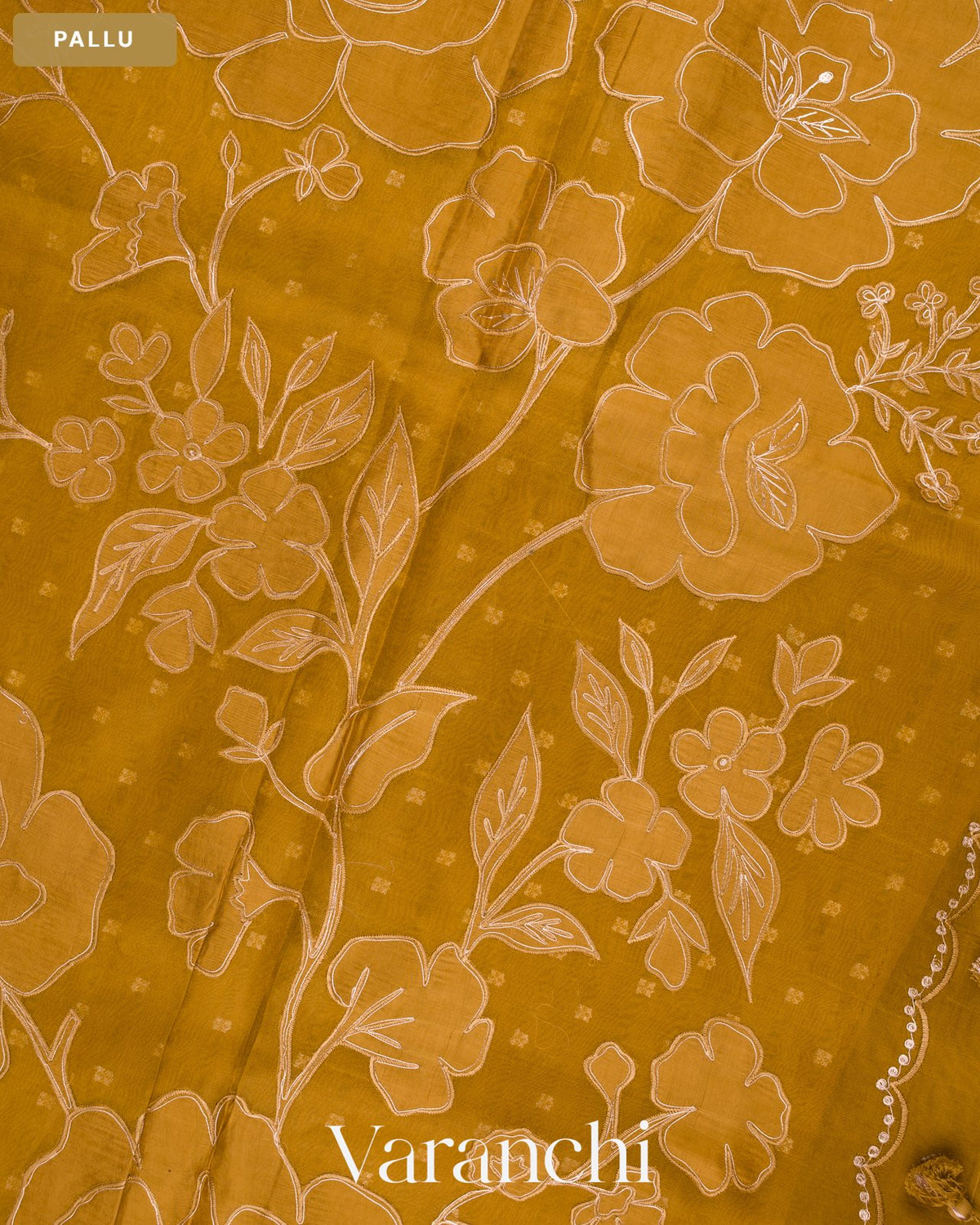 Mehandi Green Floral Applique Pure Kora Silk Saree — Pallu