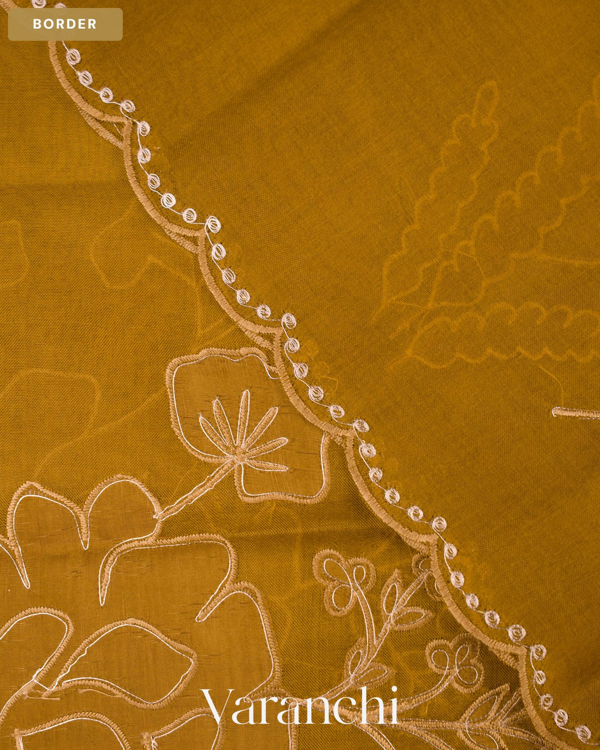 Mehandi Green Floral Applique Pure Kora Silk Saree — Border