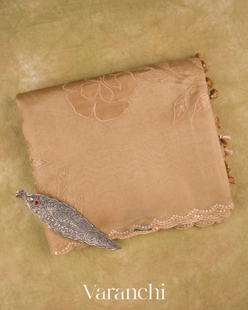 Deep Beige Floral Applique Pure Kora Silk Saree — Folded