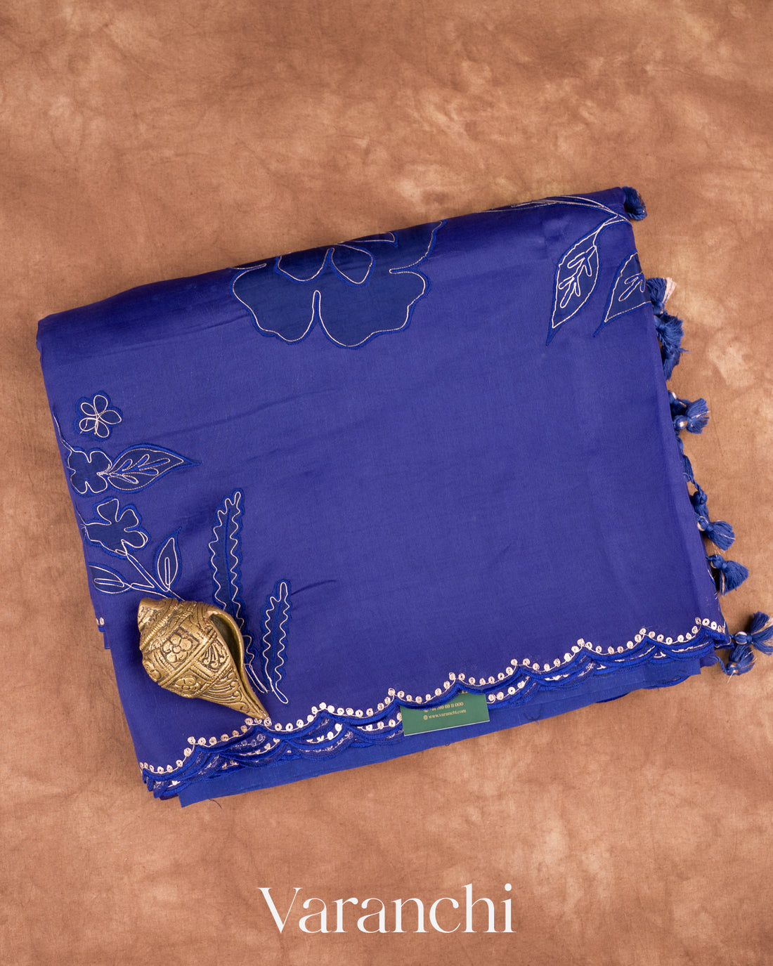 Sapphire Blue Floral Applique Pure Kora Silk Saree — Folded