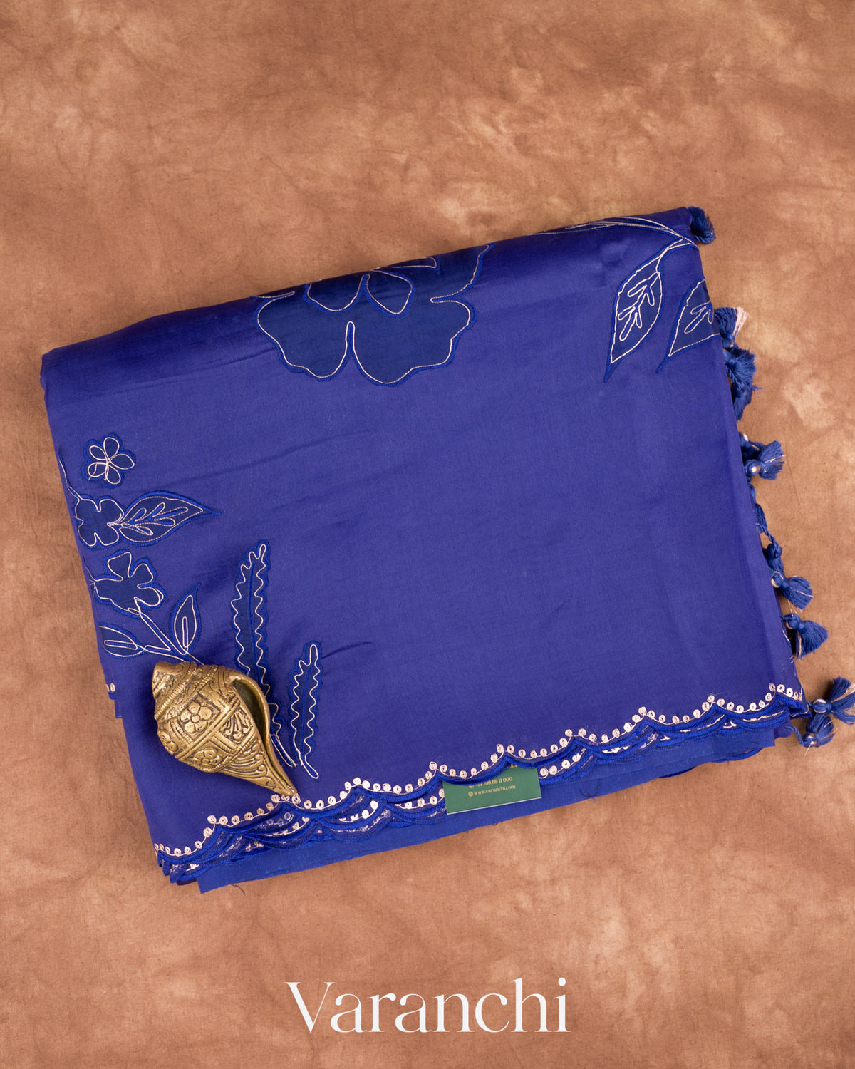 Sapphire Blue Floral Applique Pure Kora Silk Saree — Folded
