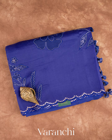 Sapphire Blue Floral Applique Pure Kora Silk Saree — Folded
