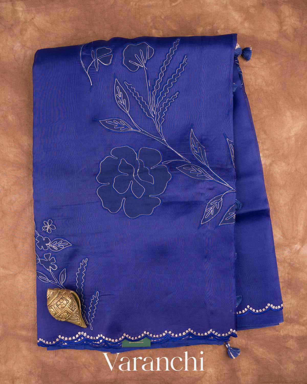 Sapphire Blue Floral Applique Pure Kora Silk Saree — Full Saree