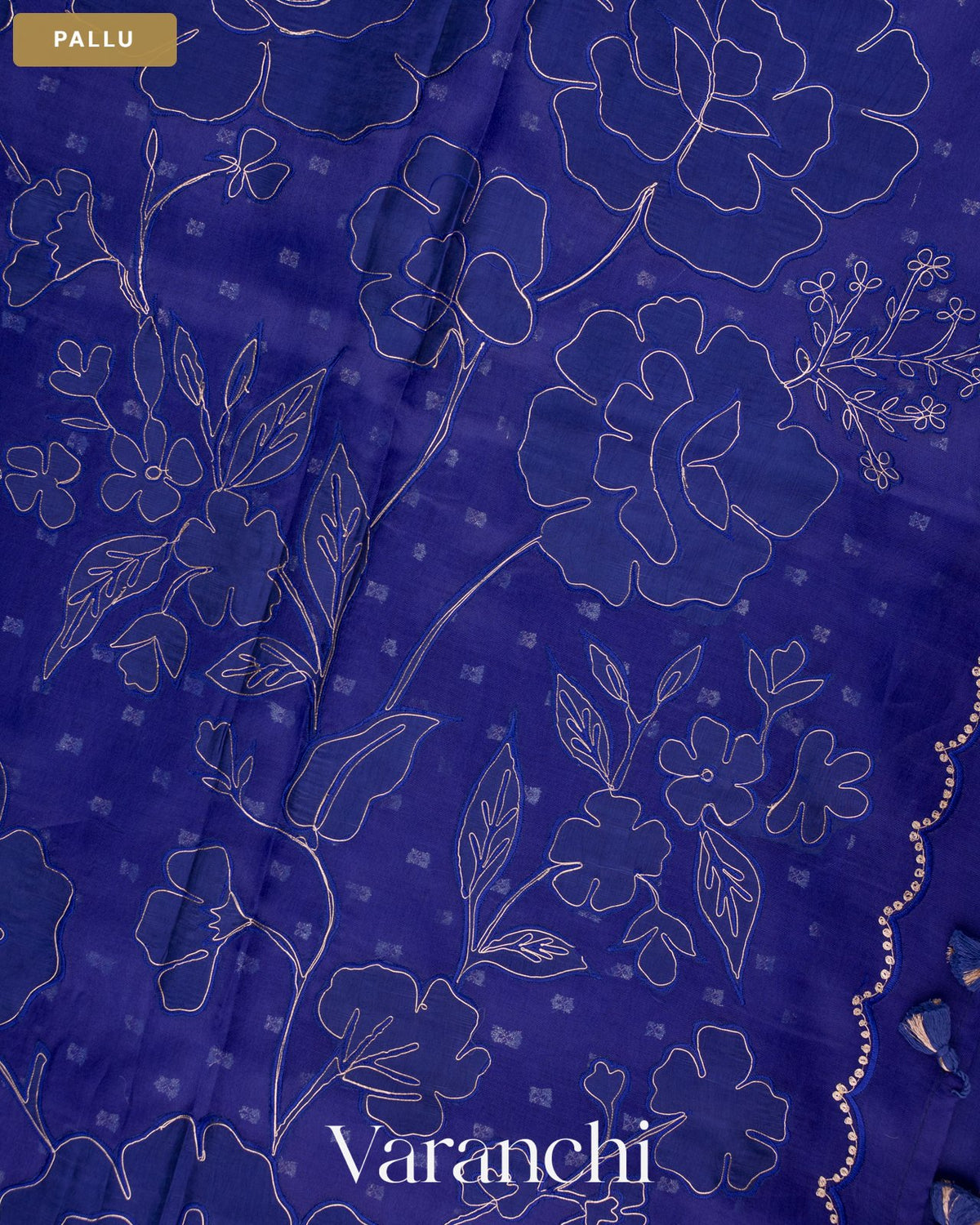 Sapphire Blue Floral Applique Pure Kora Silk Saree — Pallu