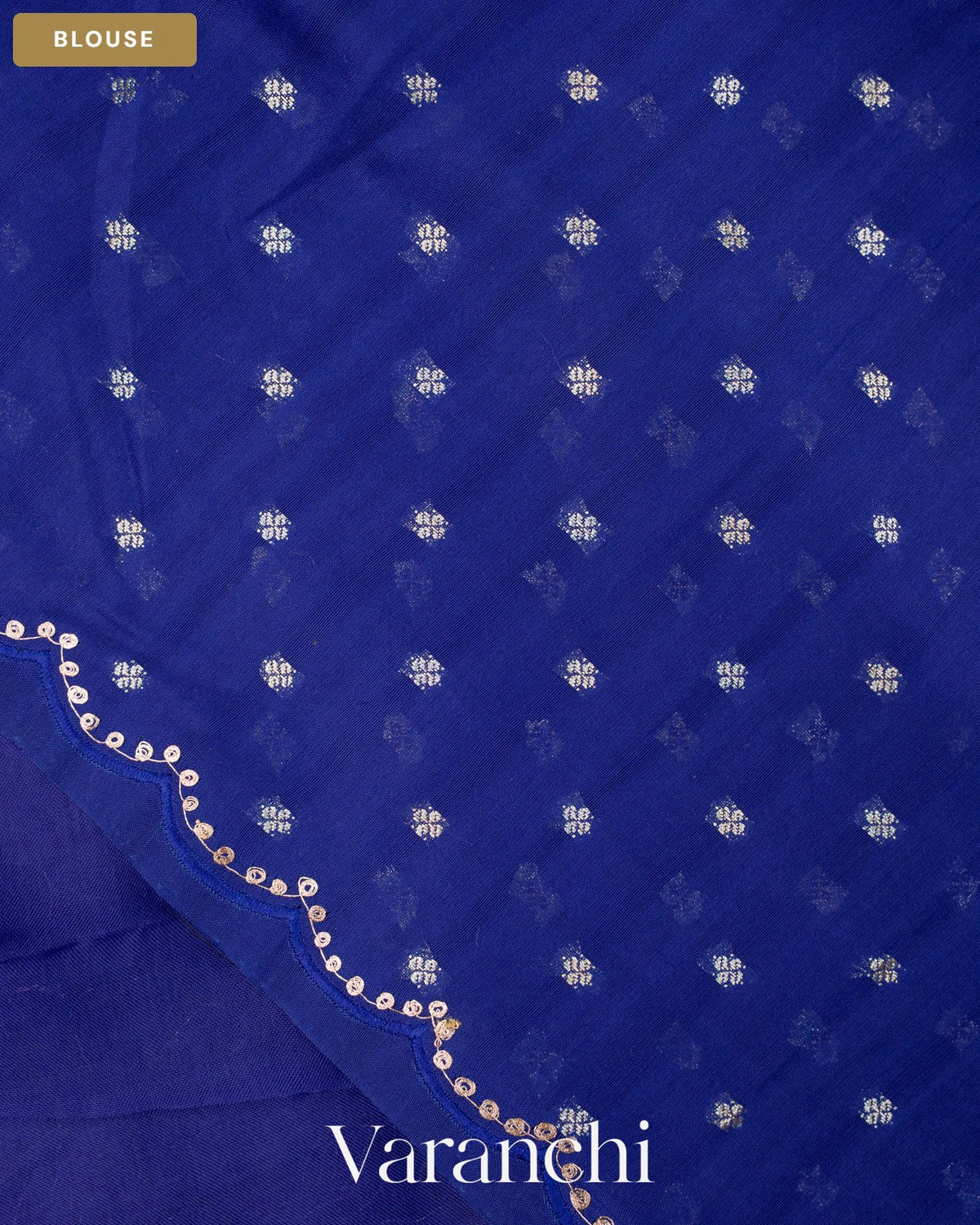 Sapphire Blue Floral Applique Pure Kora Silk Saree — Blouse