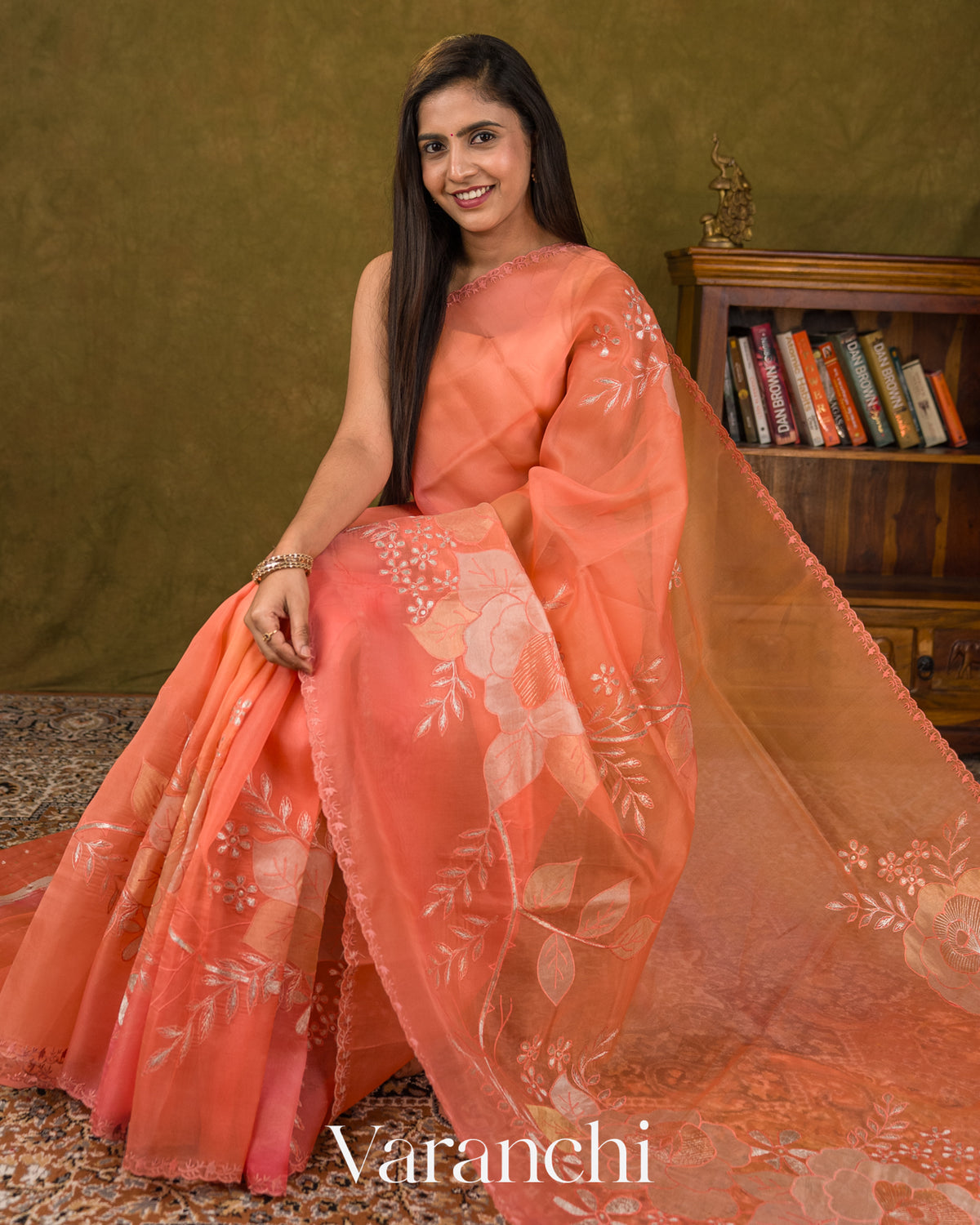 Coral Peach Floral Applique Pure Kora Silk Saree — Draped