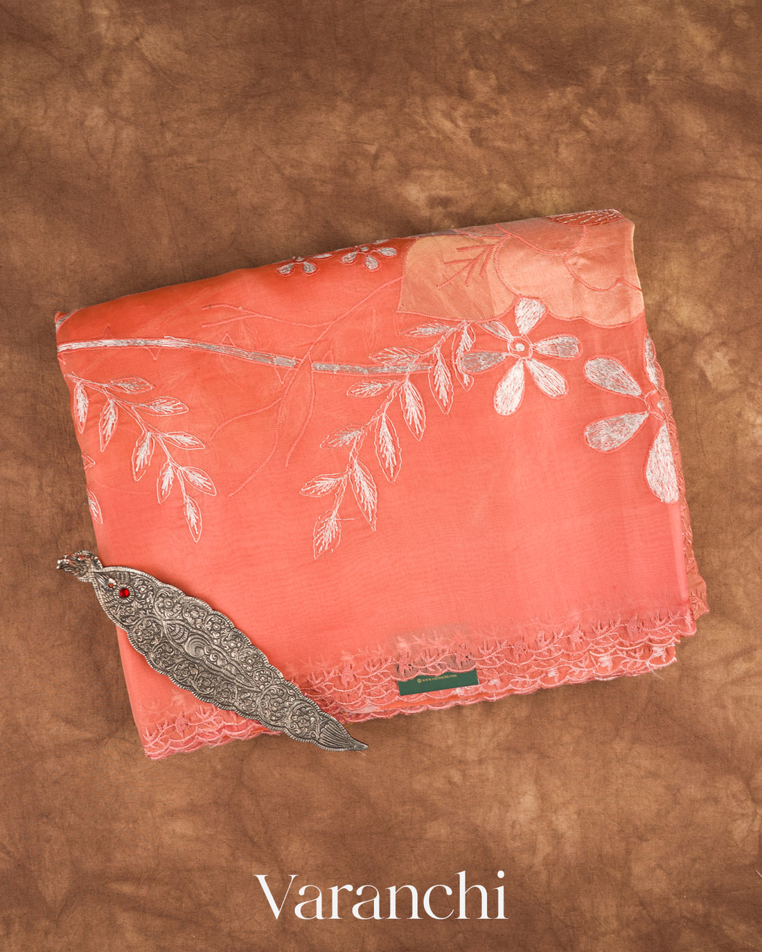 Coral Peach Floral Applique Pure Kora Silk Saree — Folded