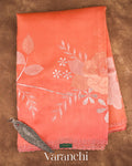 Coral Peach Floral Applique Pure Kora Silk Saree — Full Saree