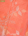 Coral Peach Floral Applique Pure Kora Silk Saree — Pallu