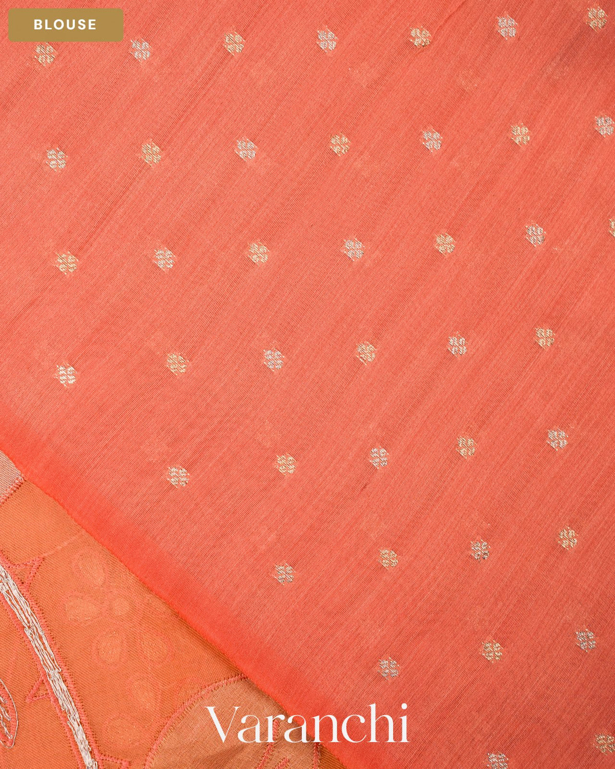 Coral Peach Floral Applique Pure Kora Silk Saree — Blouse